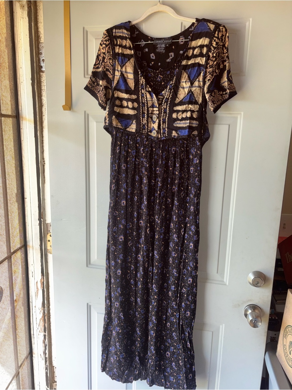 Carole Little vintage 90’s black/blue/tan crinkle rayon dress size 8
